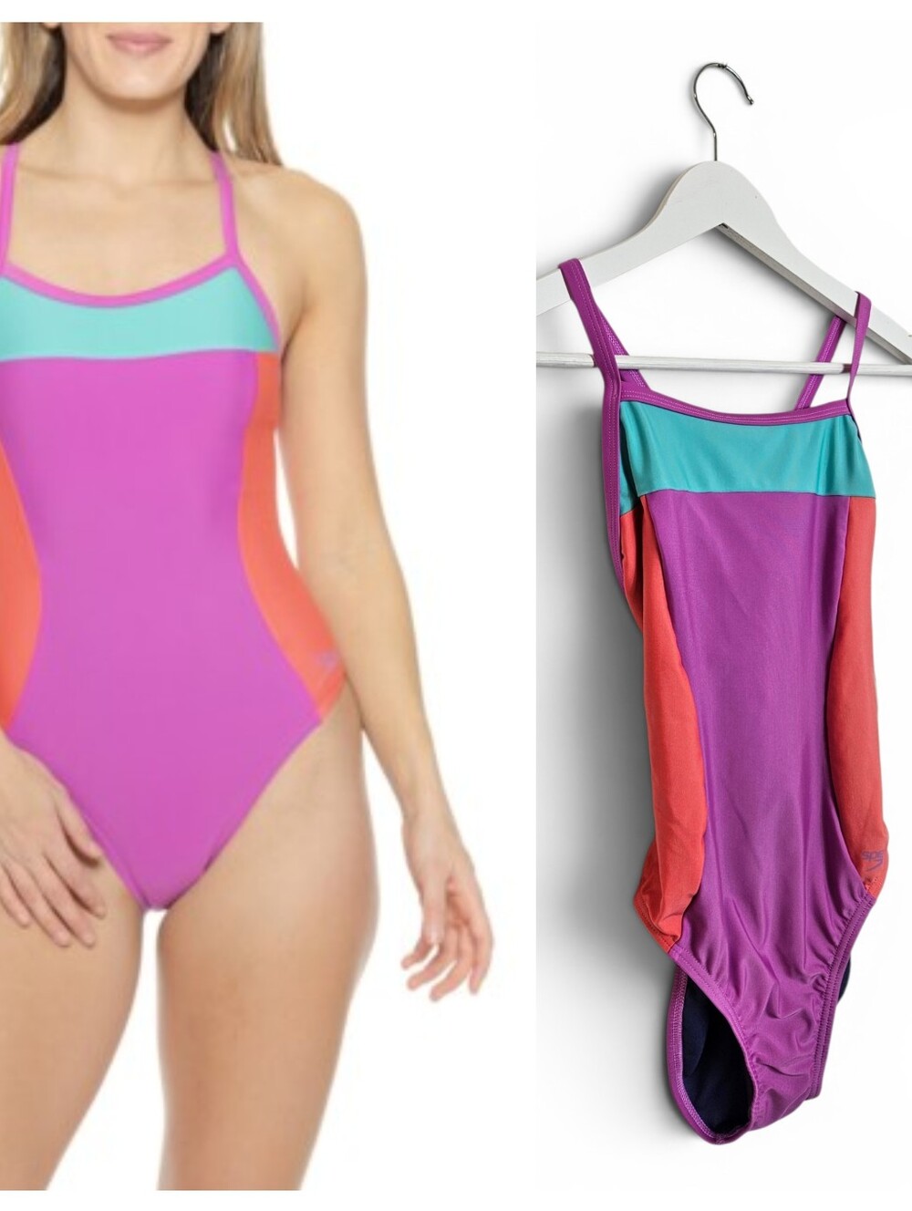 Speedo Propel Back One Piece Swimsuit Colorblock UPF50 Athleisure 34